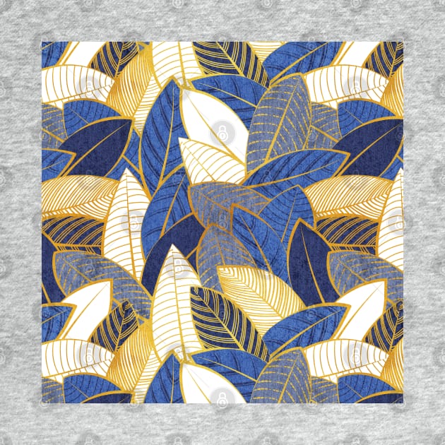 Leaf wall // pattern // navy royal and pale blue leaves golden lines by SelmaCardoso